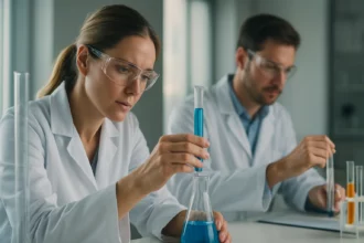 Kémikusok laboratóriumban dolgoznak egy kísérlet során.