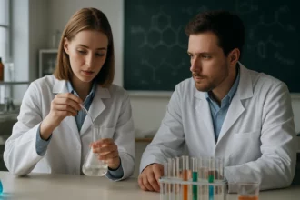 Tudósok laboratóriumban vegyületeket vizsgálnak.