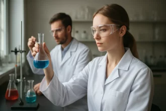 Kémiai kísérletezők laboratóriumban, hidrogén vizsgálata