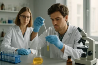 Két kutató laboratóriumban dolgozik vegyi anyagokkal.