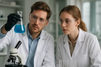 Két kutató laboratóriumban cellulóz-acetátot vizsgál