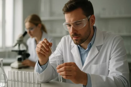 Laboratóriumi kísérletben dolgozó férfi tudós.