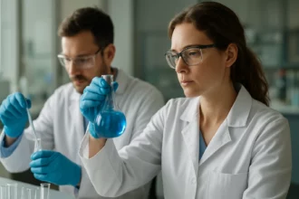 Laboratóriumban dolgozó tudós cellulóz-éterek kémiai elemzésén