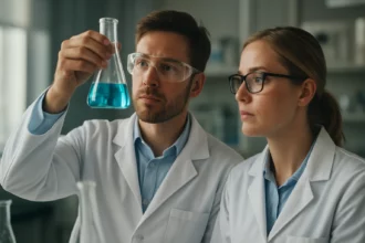 Két tudós kutató laboratóriumi környezetben, kék folyadékkal töltött lombikot vizsgálnak.