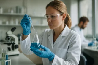 Kémikus kék folyadékot vizsgál egy laboratóriumban.