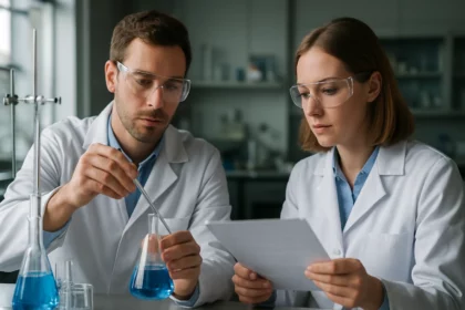 Két tudós laboratóriumban kémiai kísérletet végez, cetilecetsavval foglalkozva.