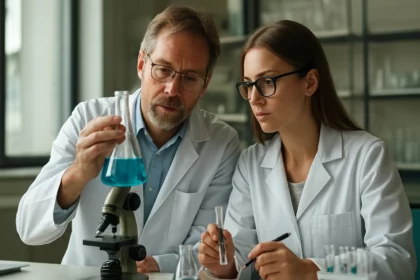 Két fiatal kutató laboratóriumban, kémiai kísérletet végeznek.