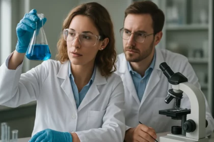 Két tudós laboratóriumban, kémiai kísérletet végeznek egy üvegben kék folyadékot vizsgálva.