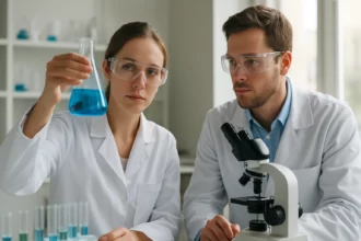 Két tudós laboratóriumban, kék oldatú lombik és mikroszkóp mellett.