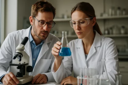 Két tudós laboratóriumban, kémcsövet vizsgálva.