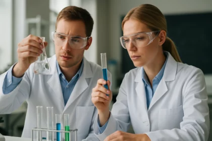 Két kutató laboratóriumban céziummal végzett kísérleten dolgozik.