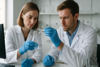 Két kémikus laboratóriumban kísérleteznek