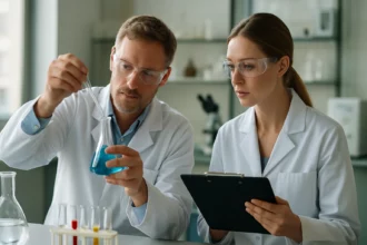 Két tudós vegyi reakciót vizsgál egy laboratóriumban.