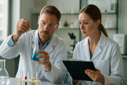 Két tudós vegyi reakciót vizsgál egy laboratóriumban.
