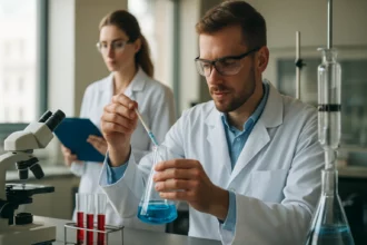 Kémikusok laboratóriumban cheletropikus reakciók vizsgálata közben