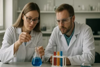 Két tudós laboratóriumban chelotropikus reakció kísérletet végez.