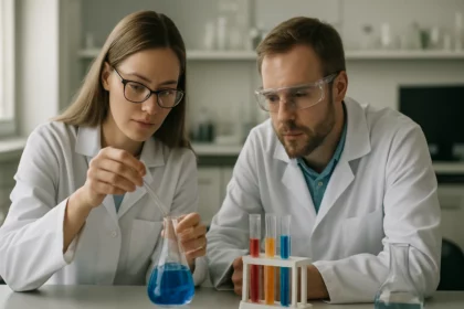 Két tudós laboratóriumban chelotropikus reakció kísérletet végez.