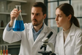 Két kutató üvegpalackban kék folyadékot vizsgál laborkörnyezetben.