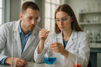 Két vegyész kémiai reakciót végez a laboratóriumban.