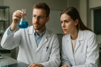 Két vegyész laboratóriumban kék folyadékot elemez