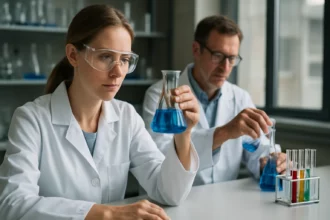 Kémikusok laboratóriumban ciklikus vegyületeket vizsgálnak.