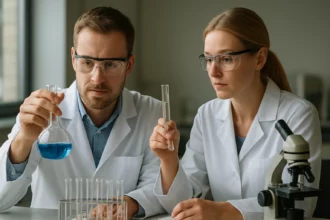 Két kutató elemzi a ciklohexén kémiai reakcióit laboratóriumban.