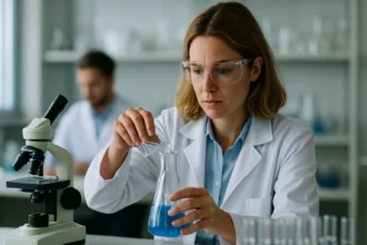 Női tudós laborban, ciklohexitol szintézist végez