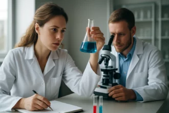 Laboratóriumi munka kémikusokkal, ciklo-kaucsuk vizsgálat