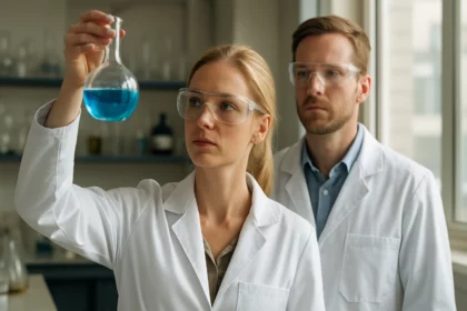 Laboratóriumi kísérlet során kék folyadékkal teli mérőedény