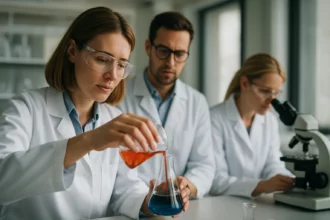 Laboratóriumi kutatás: kutatók összpontosítanak a vegyészeti kísérletekre.