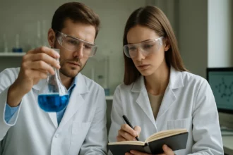 Két kémikus laboratóriumi környezetben, cinkgalic kísérlet végzése közben.