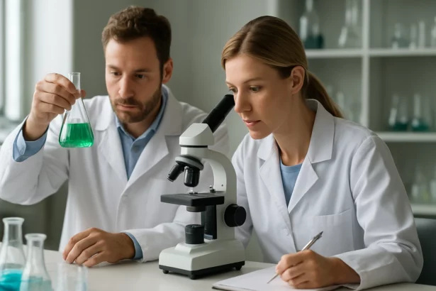 Két tudós kémiai kísérletet végez laboratóriumban.