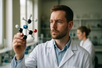 Laboratóriumi szakember cink-klorid modellét vizsgálja.