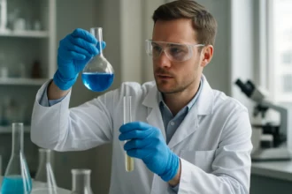 Laboratóriumban kémiai vizsgálatot végző kutató tudós