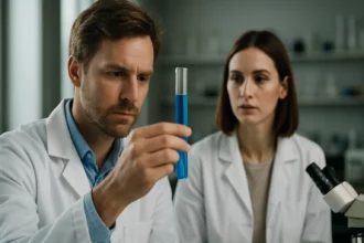 Két kutató a laborban cink-oxid tulajdonságait vizsgálja.