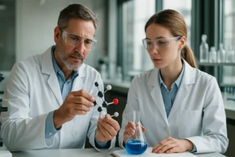 Két kutató cinkvitriolt és molekuláris szerkezetet vizsgál a laborban.