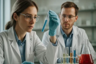 Kutatók vértesztben elemzik a cinnamil-alkoholt laboratóriumban.