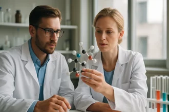 Két tudós a fahéjsav molekuláját tanulmányozza a laboratóriumban.