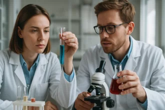 Két kutató laboratóriumban cirkuláris dikroizmus spektrum elemzésén dolgozik.