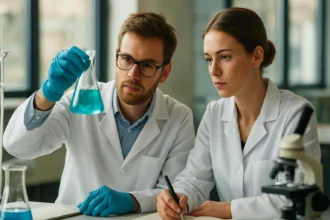 Két tudós laboratóriumban maleinsavat vizsgál.