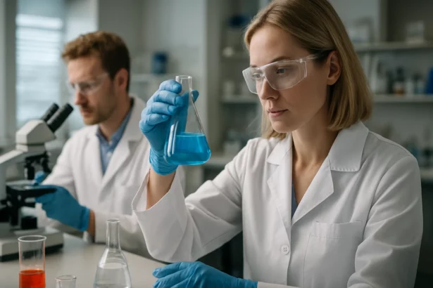 Kémikusok laboratóriumban dolgoznak, kémiai kísérleteket végeznek.