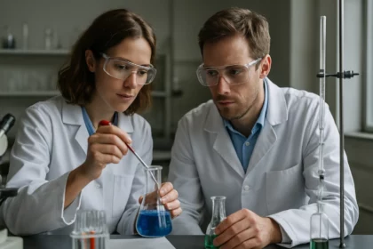 Két laboratóriumi kutató vizsgálja a biszulfit oldatot