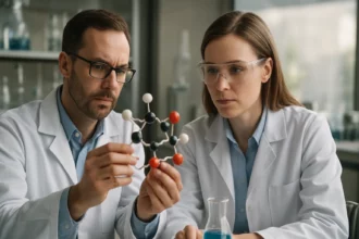 Kémikusok a ciklohexánhexol molekula szerkezete felett dolgoznak laboratóriumban.