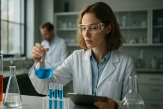 Kémikus laboratóriumban dolgozik, színes folyadékokkal tesztel.