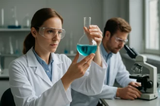 Laboratóriumi kísérlet: női kutató kémcsővel vizsgálja a kék folyadékot