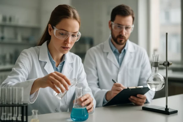 Két tudós laboratóriumi kísérlet közben, kalcium-sztearát vizsgálata.