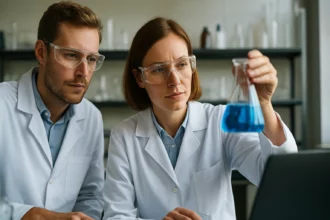 Két kutató kémiai kísérletet végez laboratóriumban