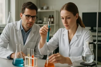 Két kutató a laborban Claisen-kondenzációs kísérletet végez