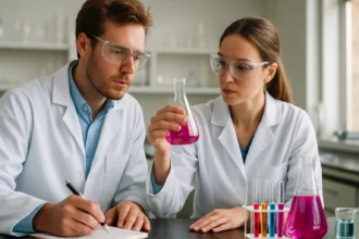 Két tudós laboratóriumban, élelmiszer-színezékekkel dolgozva.