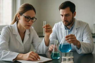 Két tudós laboratórium munkája kémiai kísérletek közben.